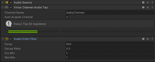 A screenshot of the Vivox Channel Audio Tap as shown in the Inspector window in the Unity Editor.