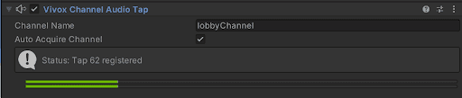 A screenshot of the Vivox Channel Audio Tap from within the Inspector window.