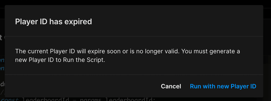 The dialog that Cloud Code displays if the Player ID expires.