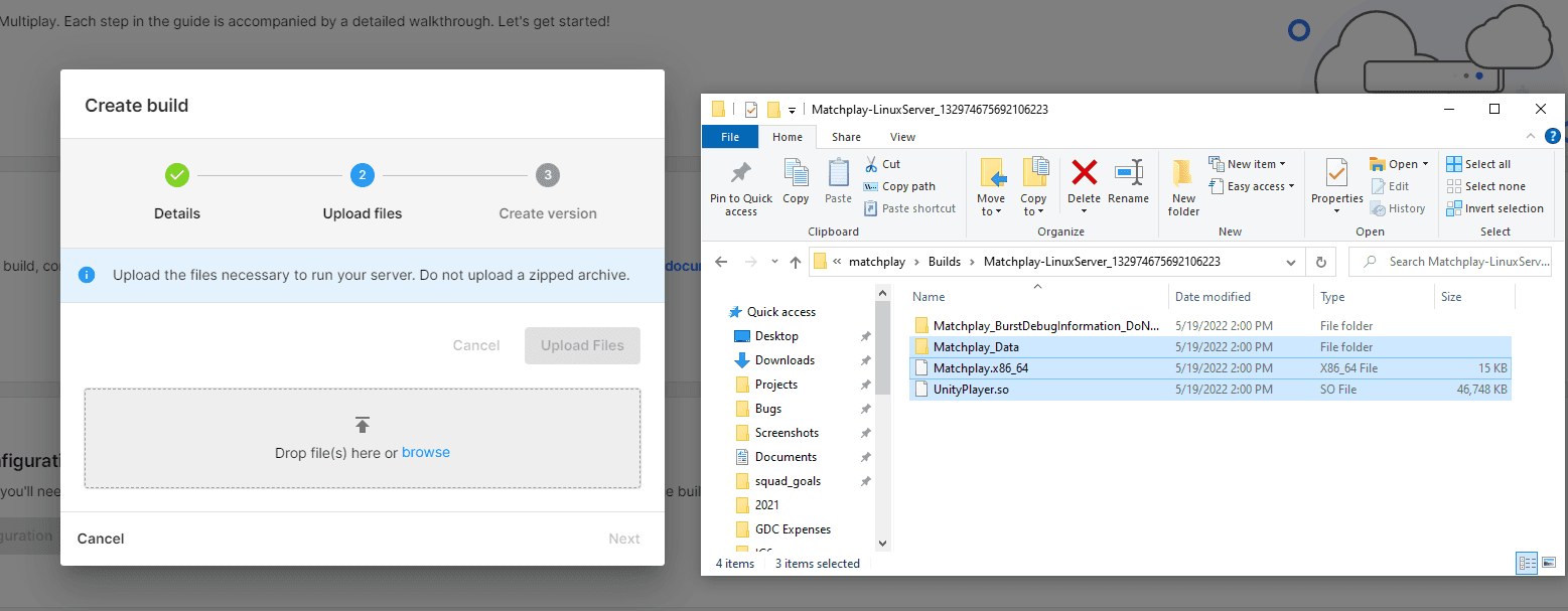 A screenshot showing the dragging of files during the Upload files stage of setup.