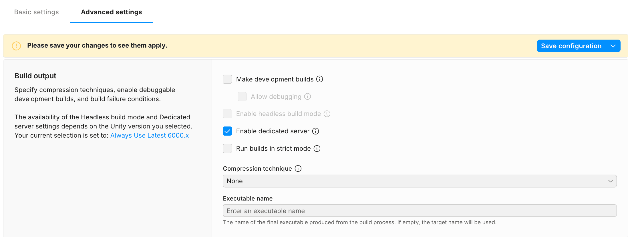 A screenshot of the configuration window for a Dedicated Server Build Target.
