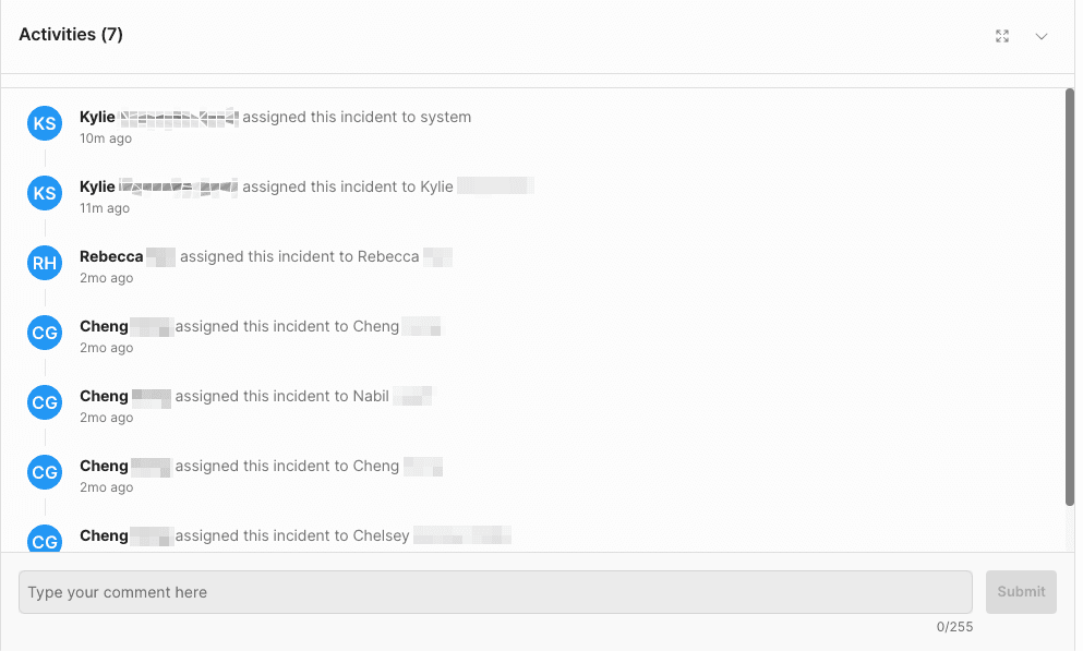 A screenshot of the Activity tab for an incident. It shows a timeline of actions that have taken place on the incident. Such as the action being revoked, the incident being resolves, and the incident being assigned to another user.