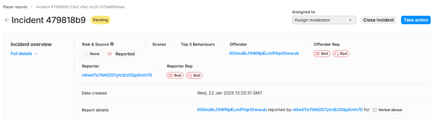 A screenshot of incident details. It shows the date and time of the submission, the offense type, who reported the incident and who the offender in the incident is.