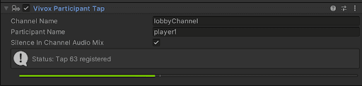 A screenshot of the Vivox Participant Tap from within the Inspector window.