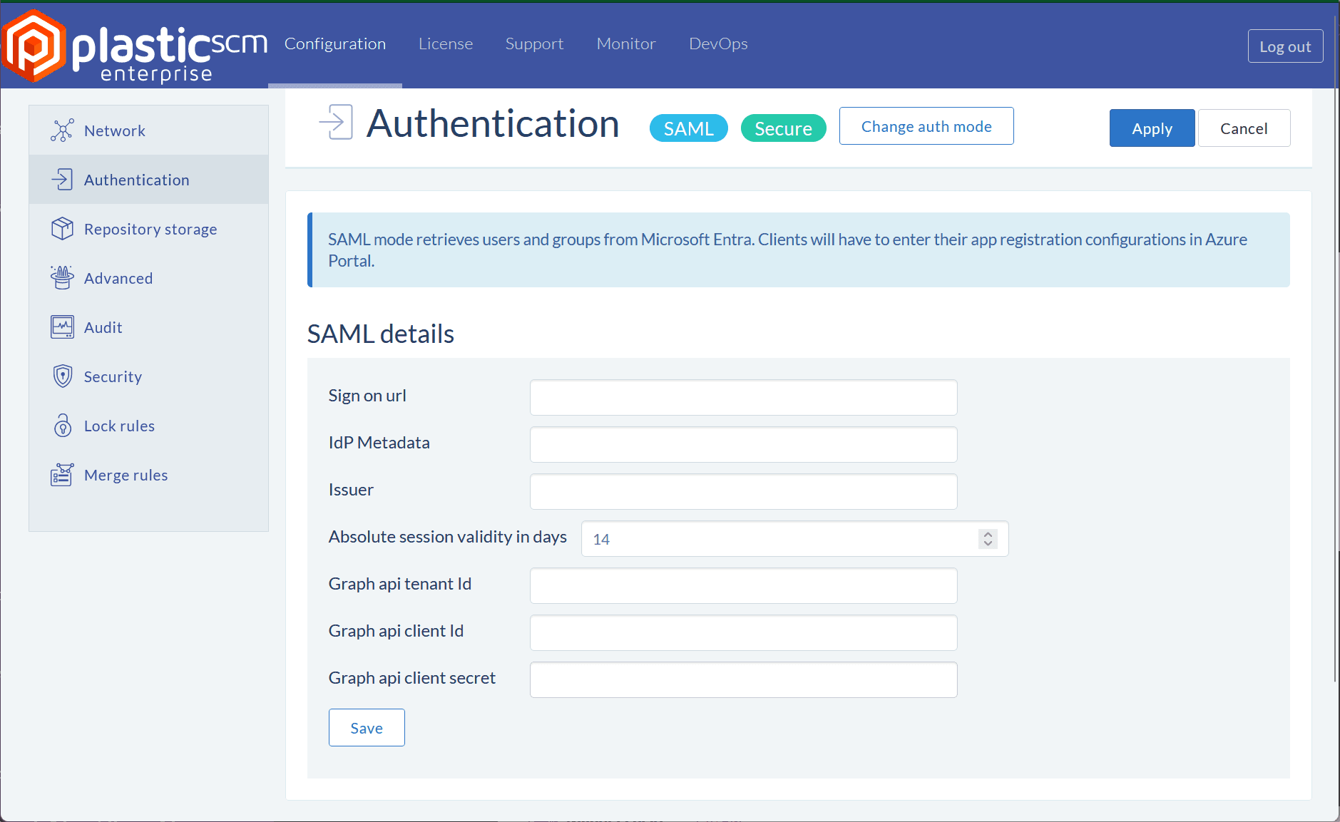 A screenshot of the Plastic Web page that you use to configure SAML authentication.