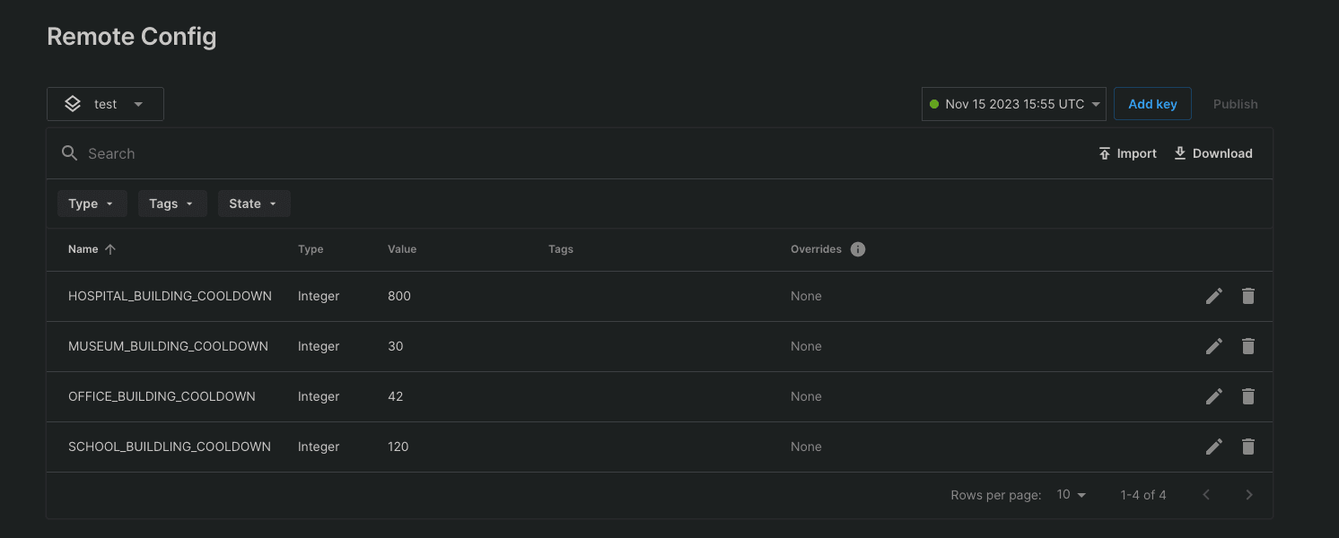 A list of integer settings and their values in the Remote Config configuration.