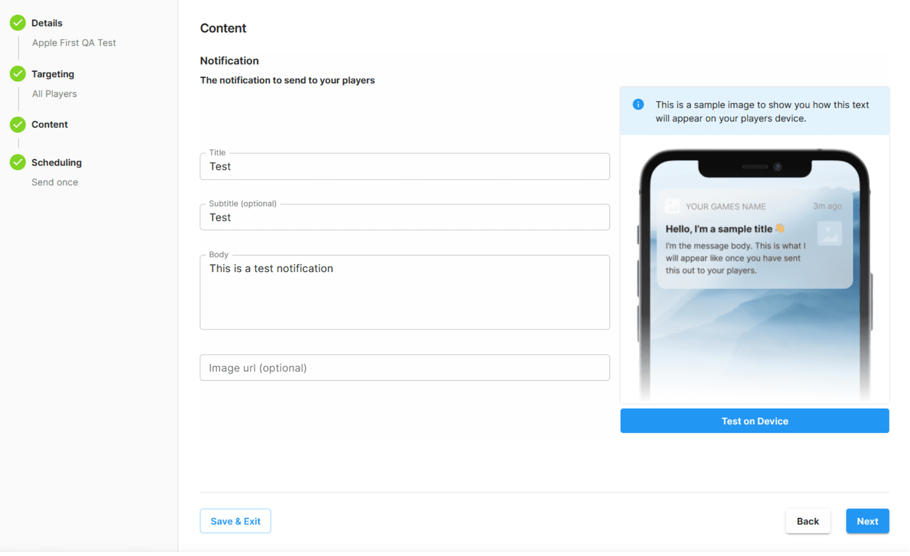 The image shows how sample text appears as notification on player devices.