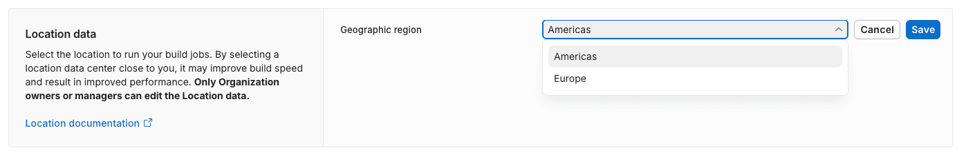 The location setting in the Build  target configuration window, which shows a dropdown menu with the options Americas and Europe.