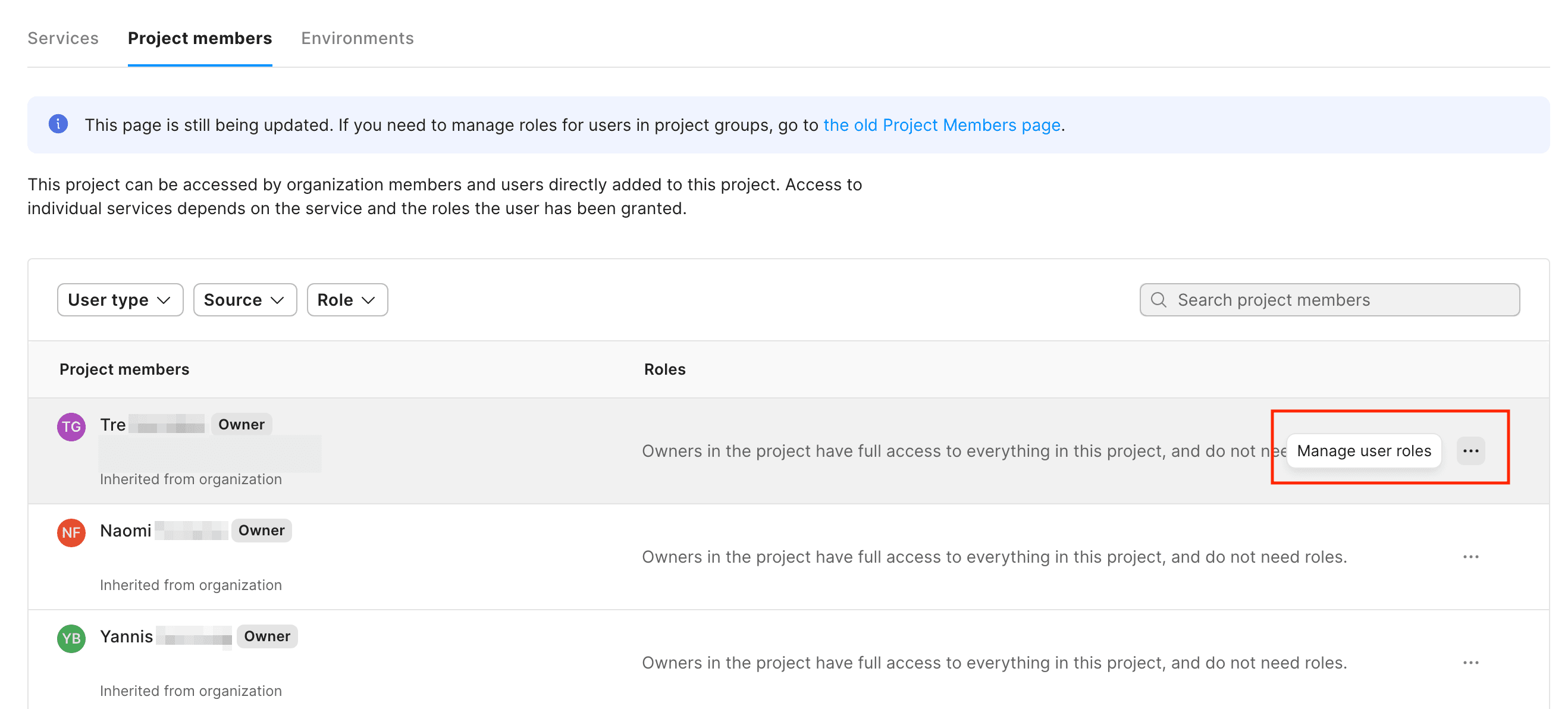 User roles screenshot