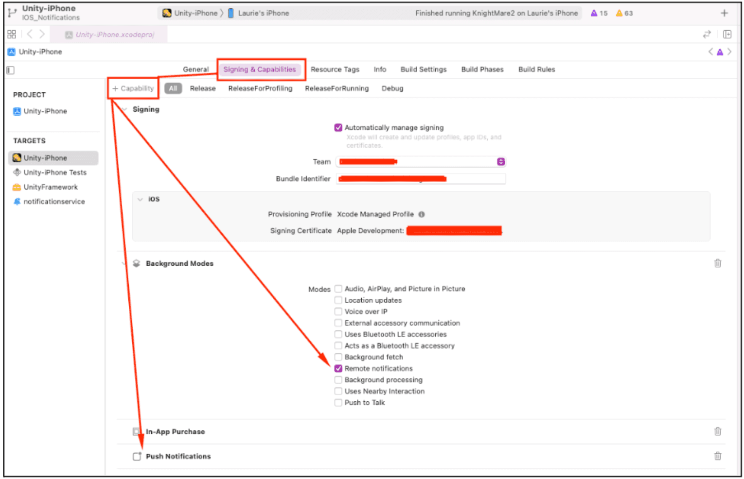 The Signing and Capabilities page shows that the Remote notifications checkbox is enabled under the Background Modes section.