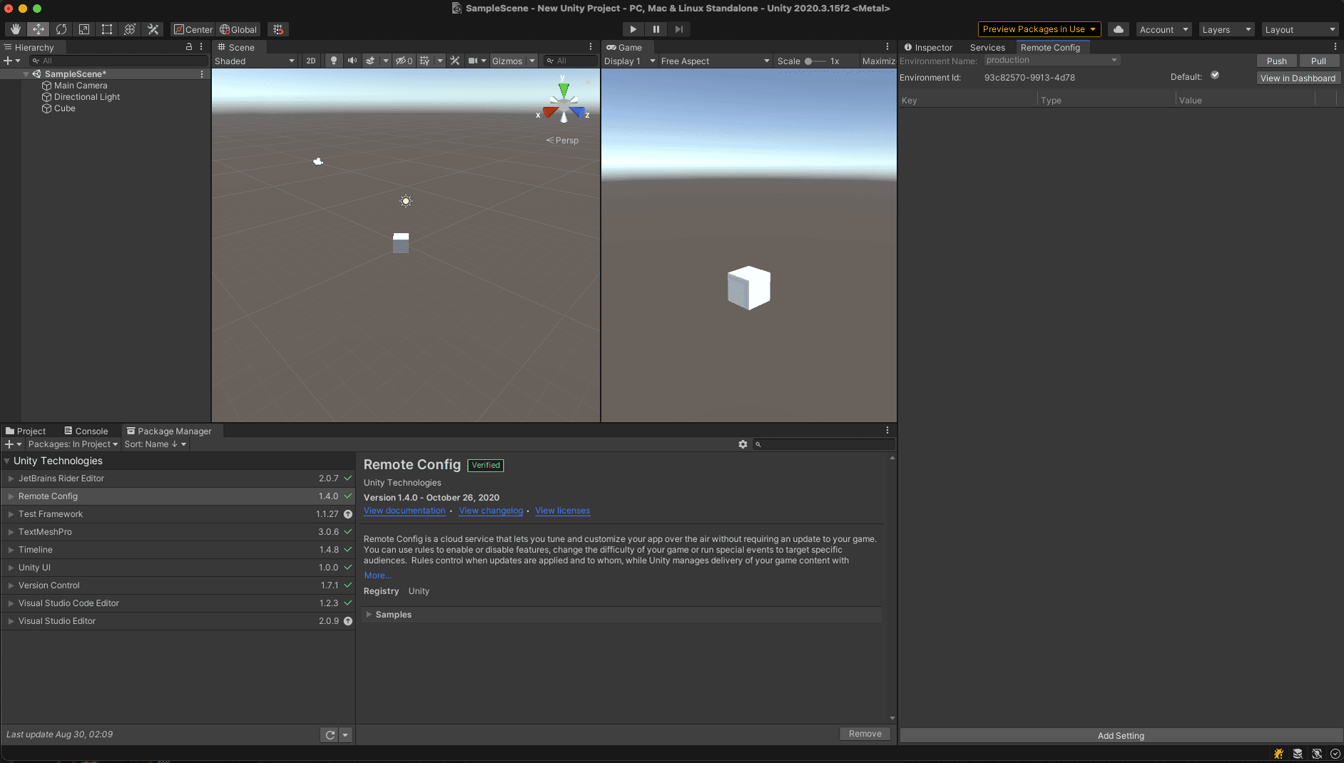 Unity エディターでの Remote Config ウィンドウへの移動