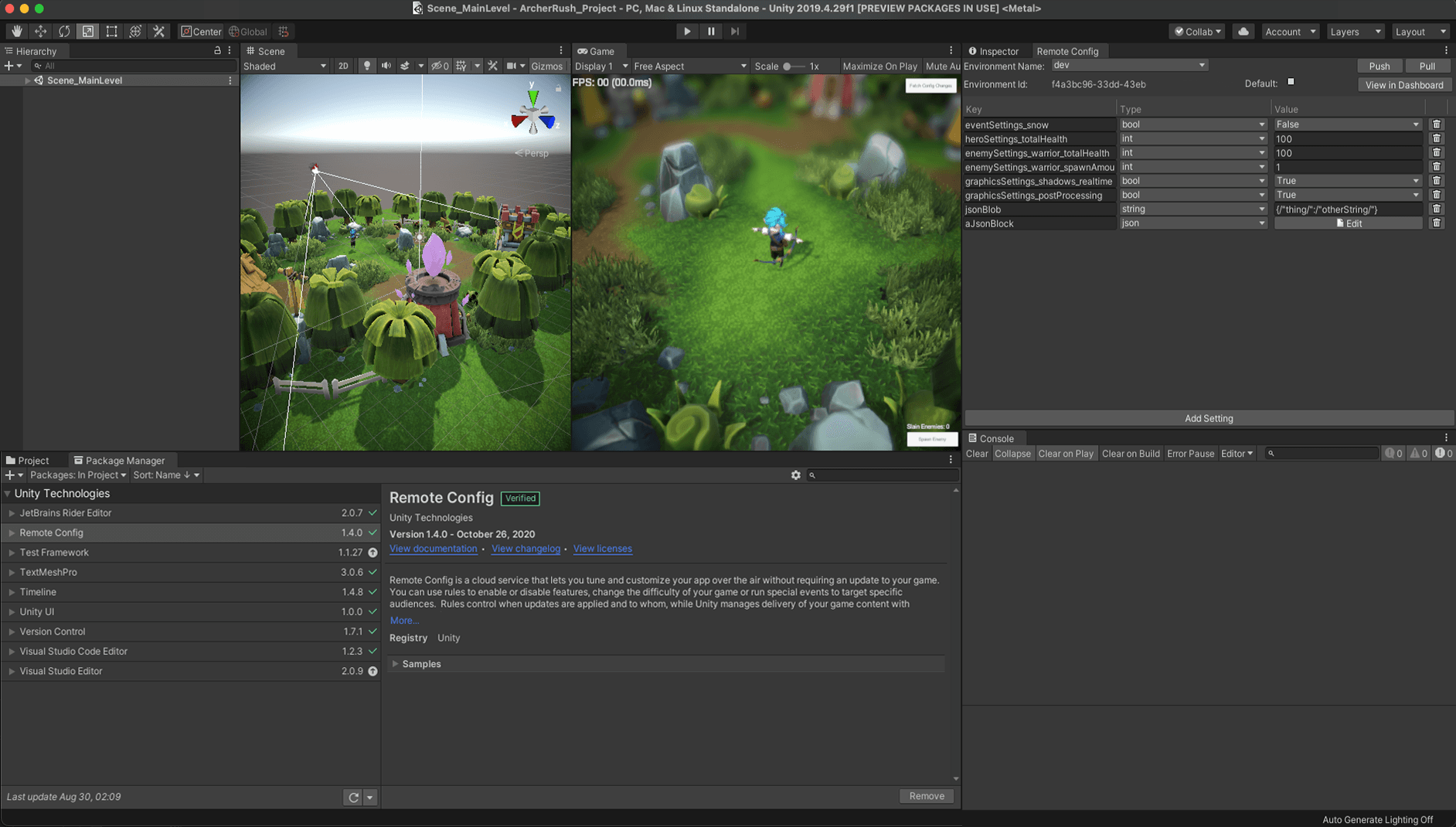 Unity Archer Rush Demo プロジェクトに実装された Remote Config の例