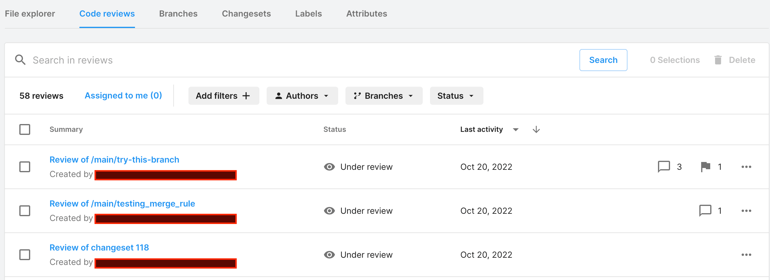 Code reviews tab