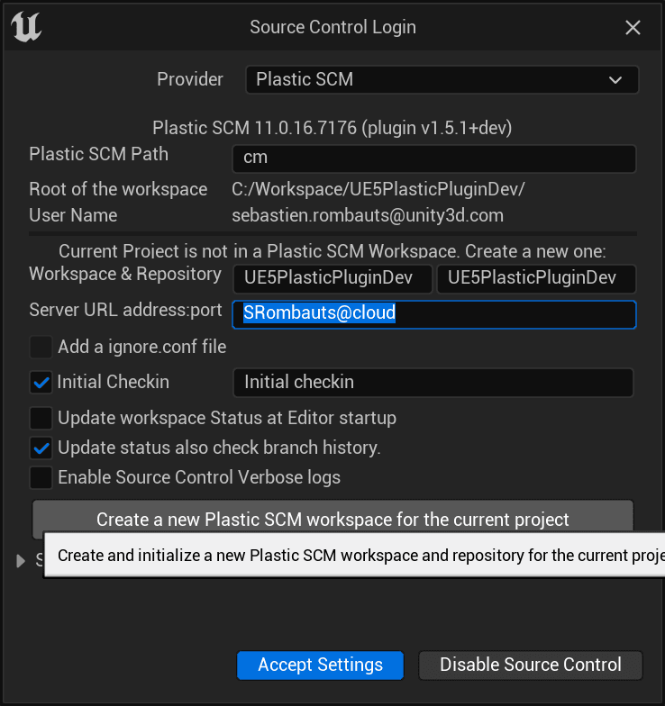 Source Control Login window - create a new workspace on cloud