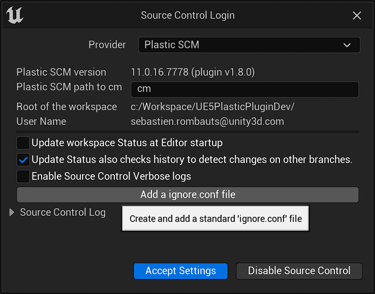 Source Control Login window - Add a ignore.conf file