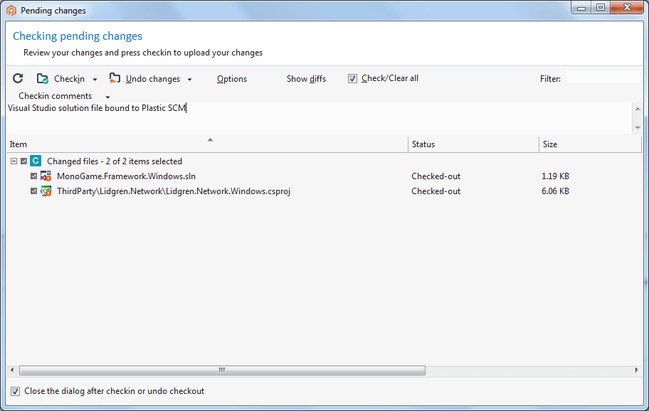 Checkin pending changes window