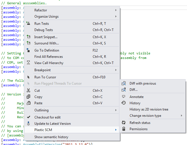 The code editor context menu