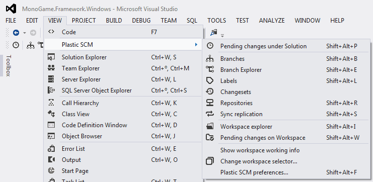 UVCS entry in the "View" menu