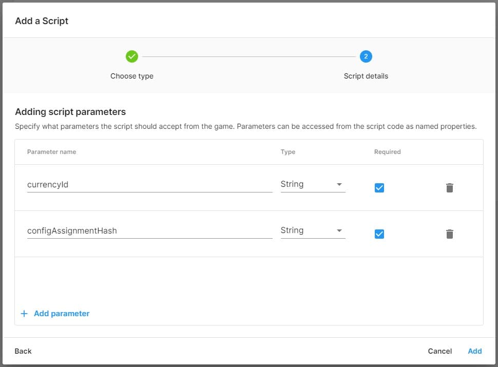 A screenshot of the Add a Script dialogue with the added parameters.