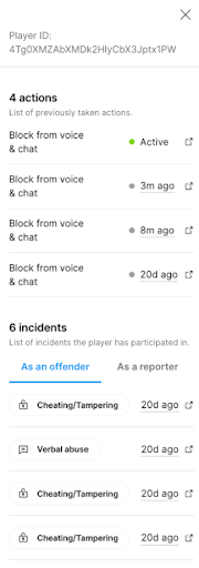 A screen shot of a players history listing 4 actions; Block from voice & chat. And 6 incidents that the player was involved in.