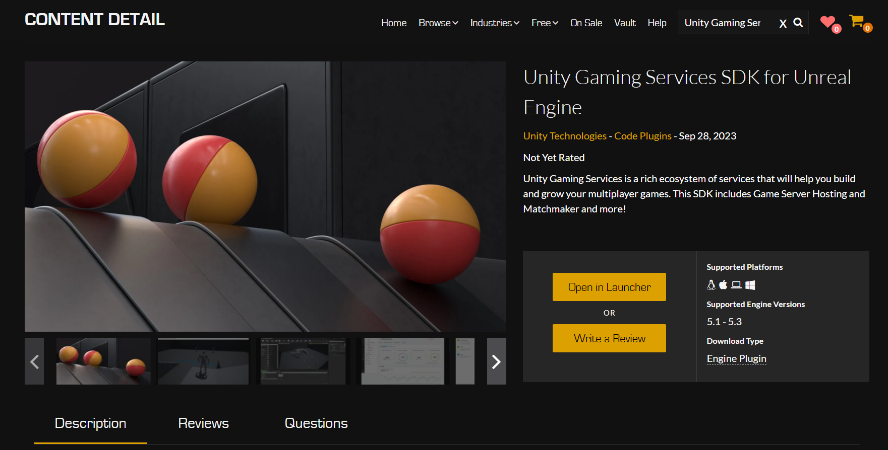 Unity Gaming Services SDK for Unreal Engine Marketplace page