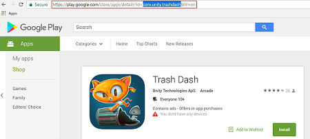 Play Store listing with store ID highlighted