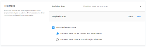 Project settings Test mode setup