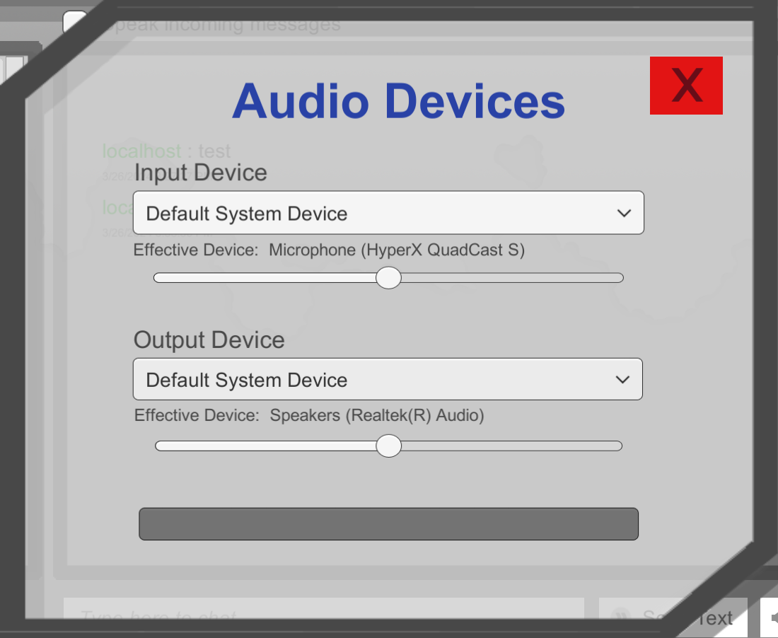 A screenshot of the Chat Channel Sample Audio Device Selection Menu with Effective Device Showing.