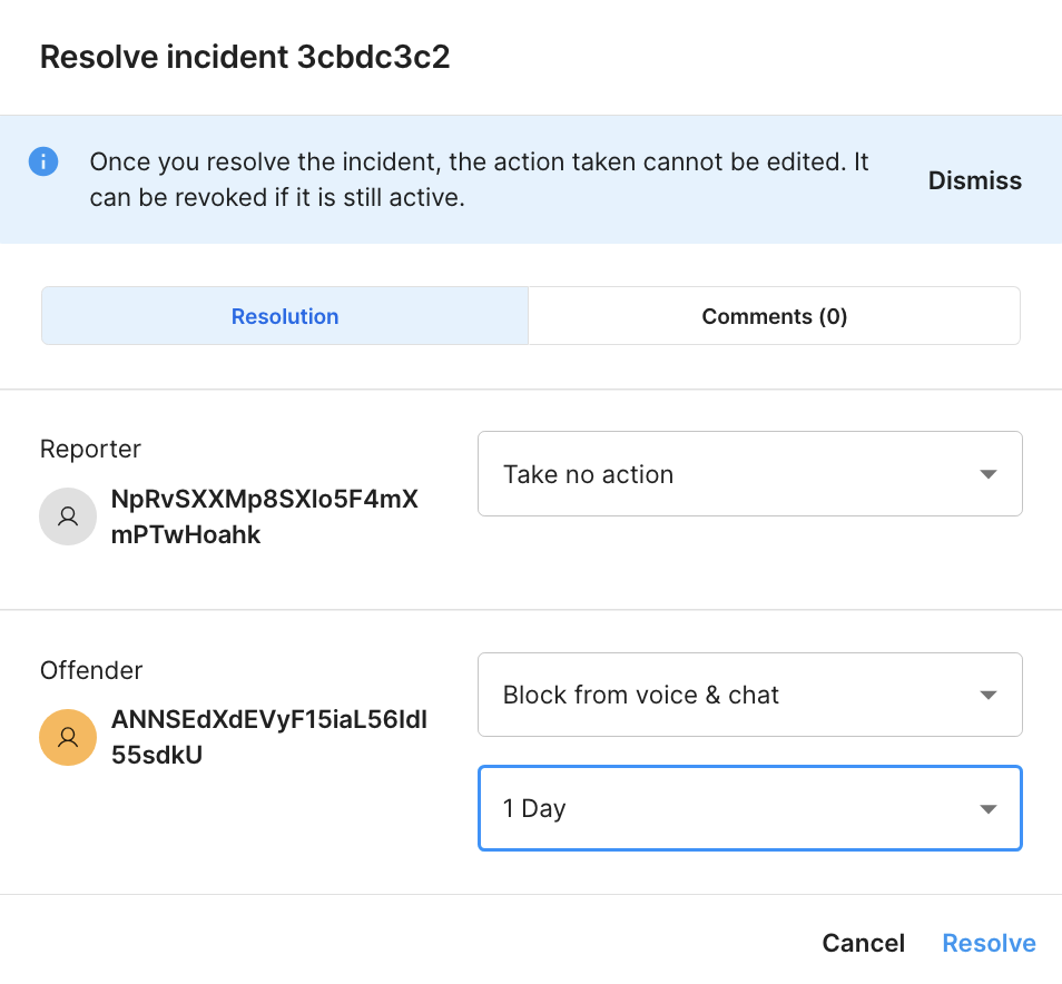 A screenshot of the resolce incident popup.